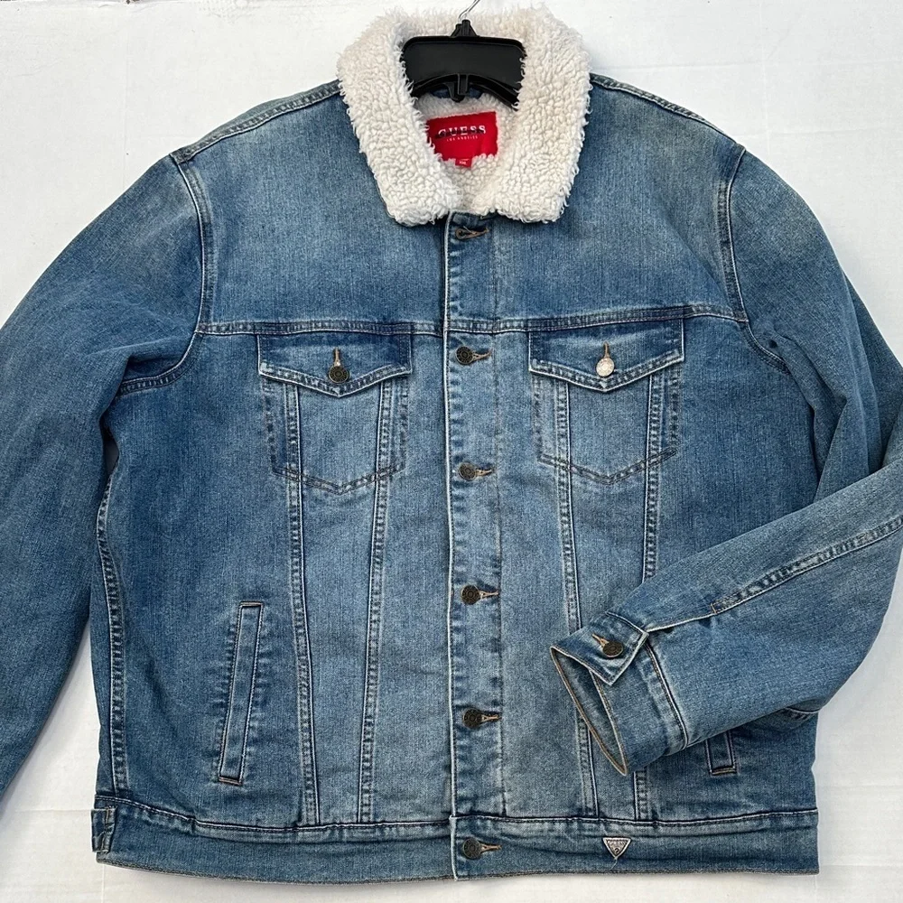 New Guess Denim Jacket with Sherpa Collar SZ XXL